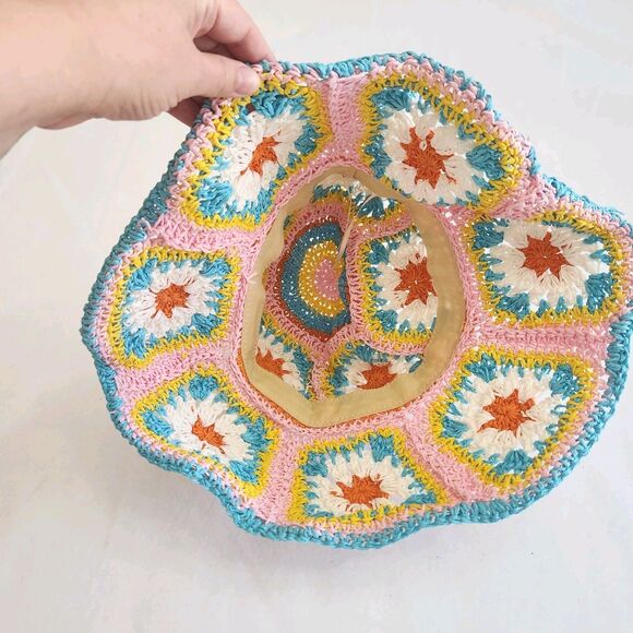Handmade Vintage Crochet Bucket Hat Colorful Granny Squares Boho Festival Y2K